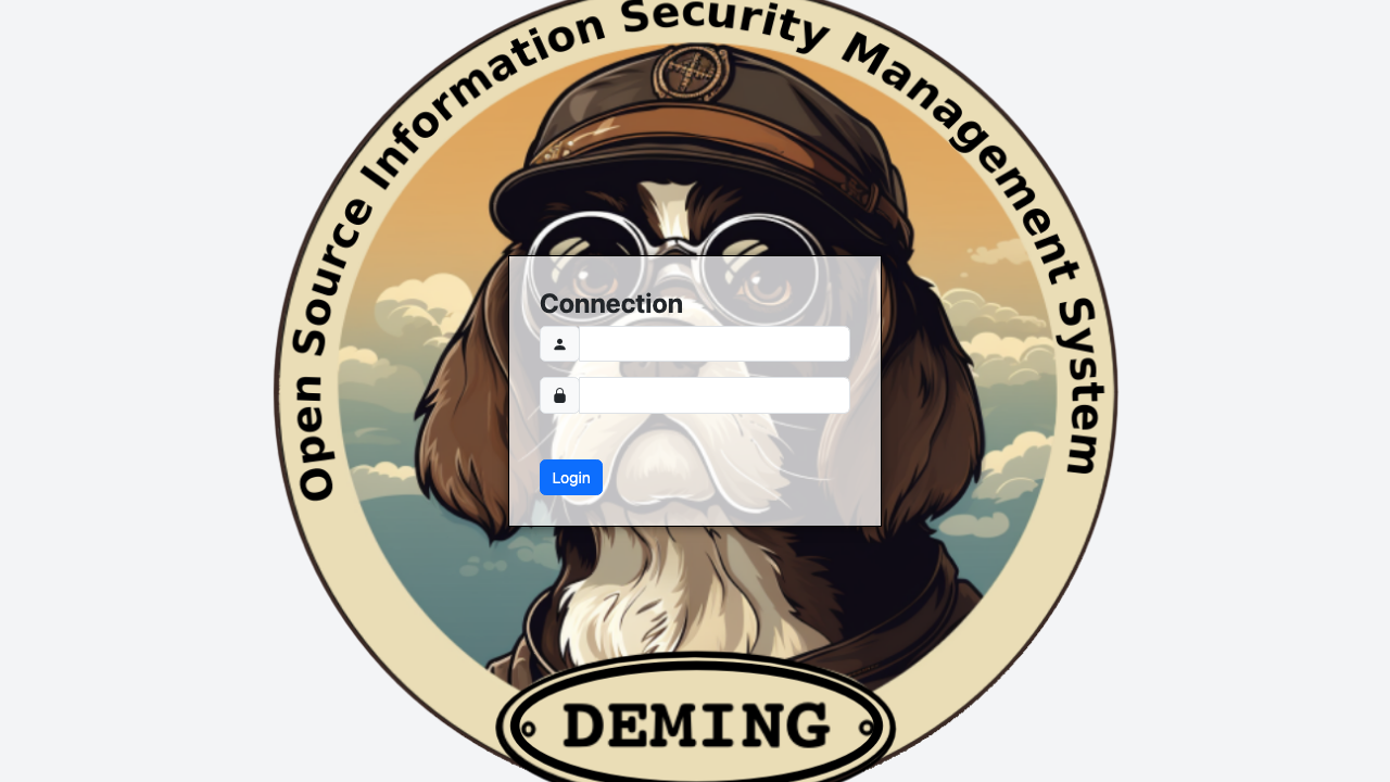 The Deming sign in page: a Connection box with the login and password fields and a Login button over the Deming open source information security management system badge