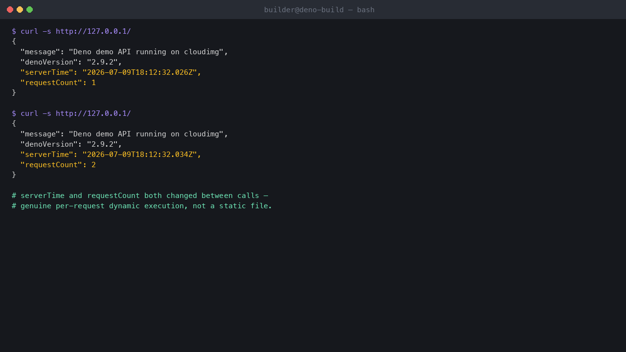 curl http://127.0.0.1/ run twice: the demo API's serverTime and requestCount both change between calls, proving live per-request execution