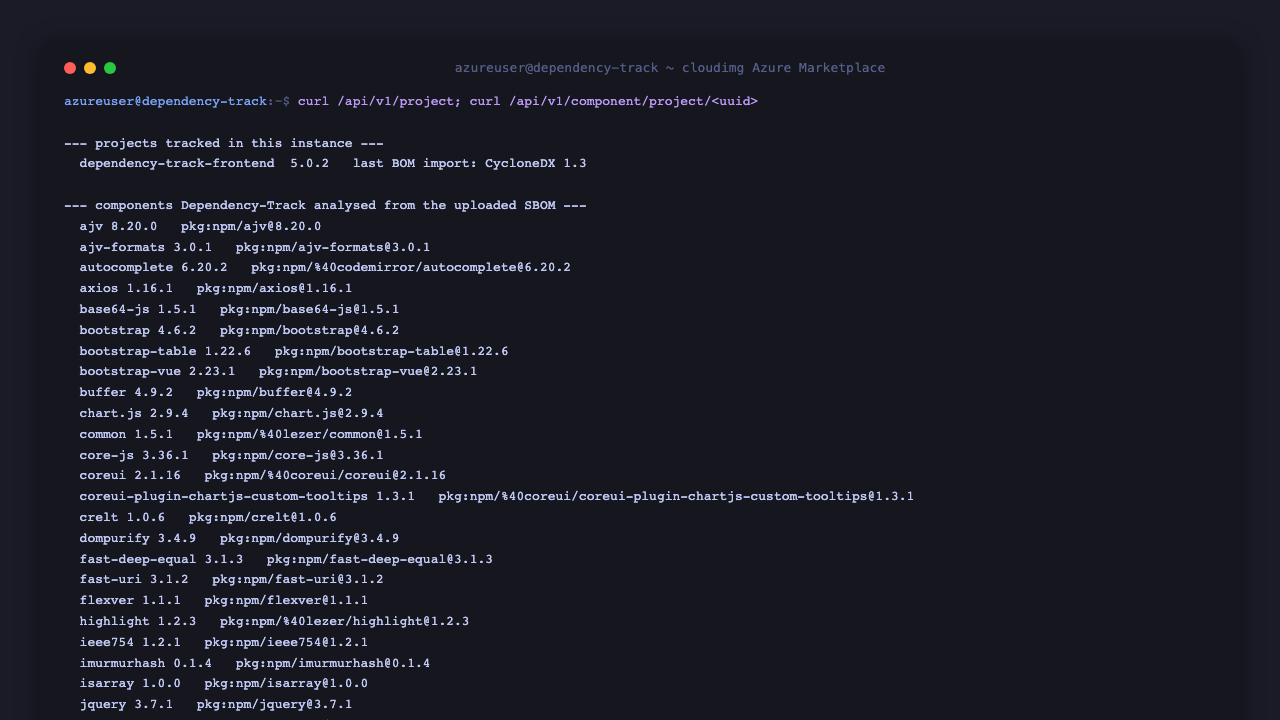 The projects tracked in this instance and the components Dependency-Track analysed from the uploaded SBOM