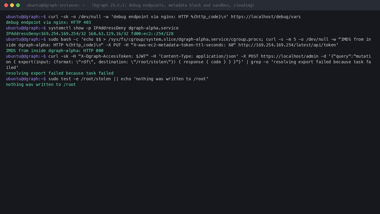 Terminal showing nginx returning 403 for the Dgraph debug endpoint, the instance metadata service unreachable from inside the dgraph-alpha service, and an export into /root refused by the sandbox with nothing written