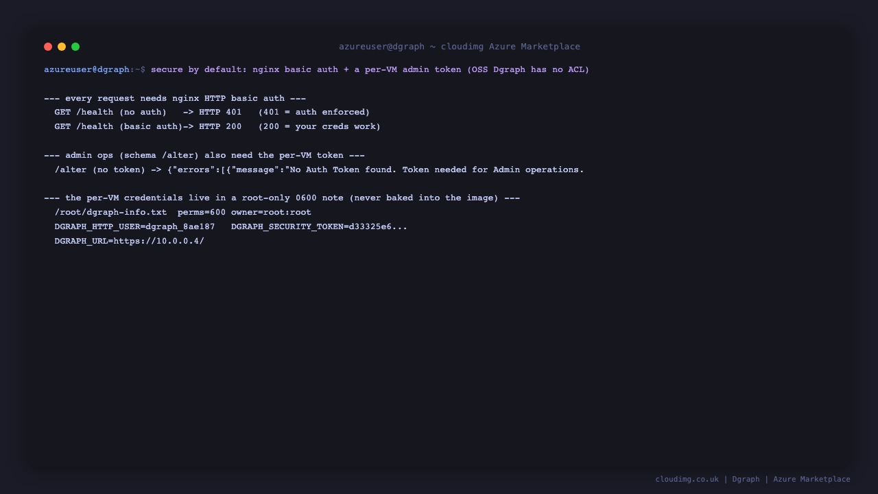 Terminal showing the per VM info note owned root root mode 0600 with the basic auth user, admin token and URLs, an unauthenticated request returning HTTP 401, an authenticated request returning HTTP 200, and a schema alter without the admin token refused with No Auth Token found