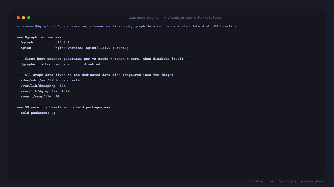 Terminal showing the installed Dgraph v25.3.8 version, the first boot oneshot disabled after running once, the graph data on the mounted ext4 data disk at /var/lib/dgraph, the per VM swap file, and no held OS packages