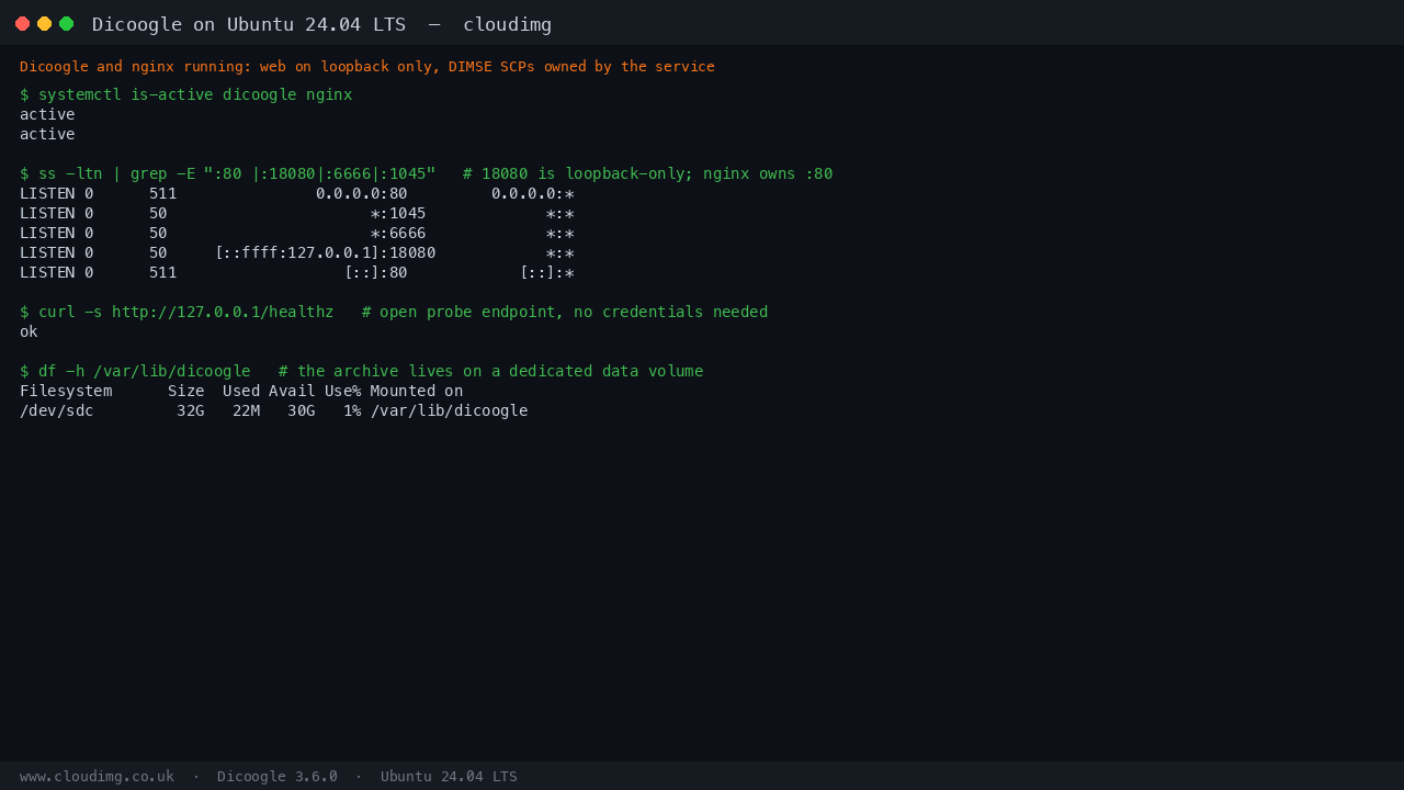 The dicoogle and nginx services active, Dicoogle bound to loopback 127.0.0.1:18080, the DIMSE services on 6666 and 1045, and the dedicated archive volume mounted at /var/lib/dicoogle