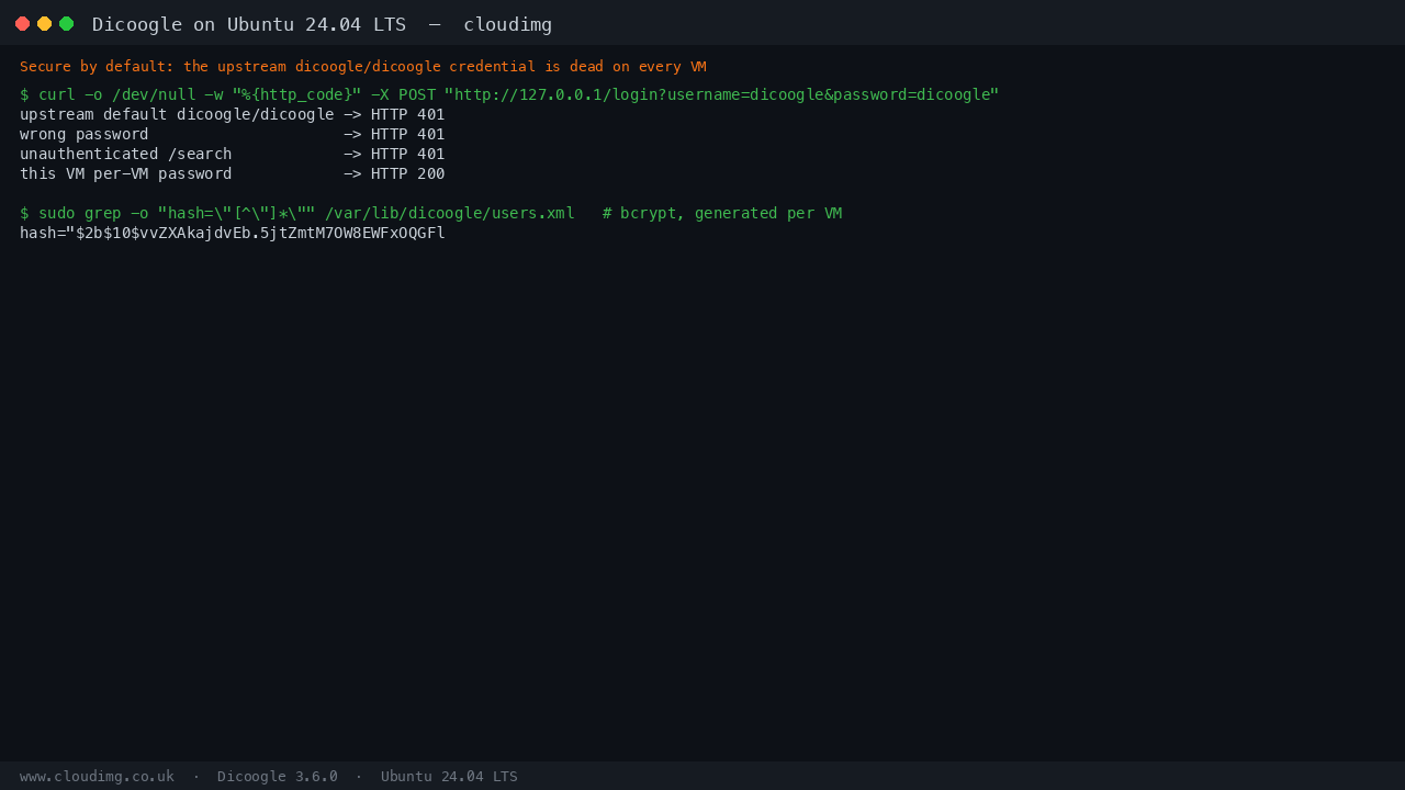 The upstream dicoogle/dicoogle credential and a wrong password both rejected with HTTP 401, unauthenticated search rejected, the per-VM password accepted, and the bcrypt hash from this VM's users file