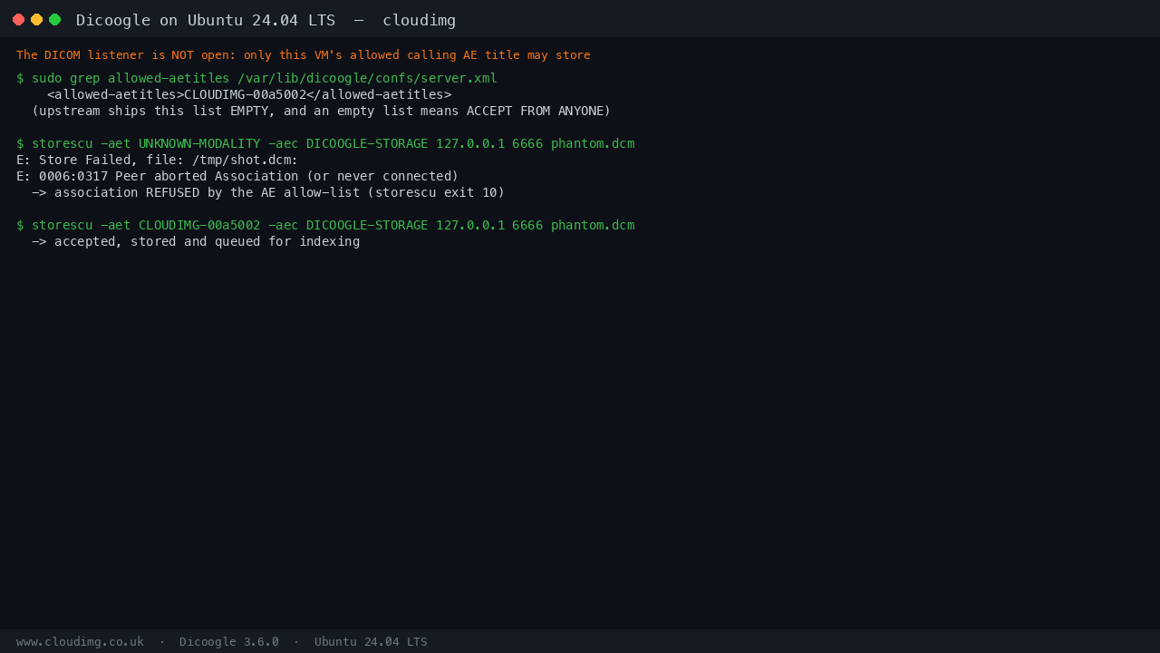 Dicoogle's allowed-aetitles list holding this VM's per-VM calling AE title, an association from UNKNOWN-MODALITY refused, and a store from the allowed AE title accepted