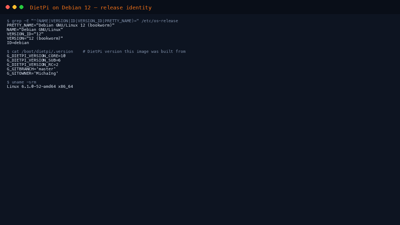 DietPi on Debian 12 — release identity, DietPi version and kernel