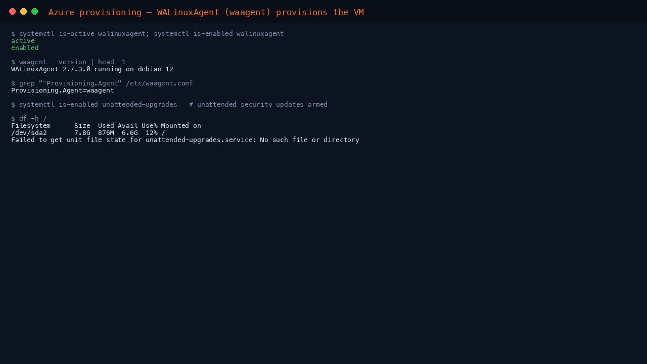 Azure provisioning by WALinuxAgent — active and enabled, Provisioning.Agent=waagent, unattended-upgrades armed