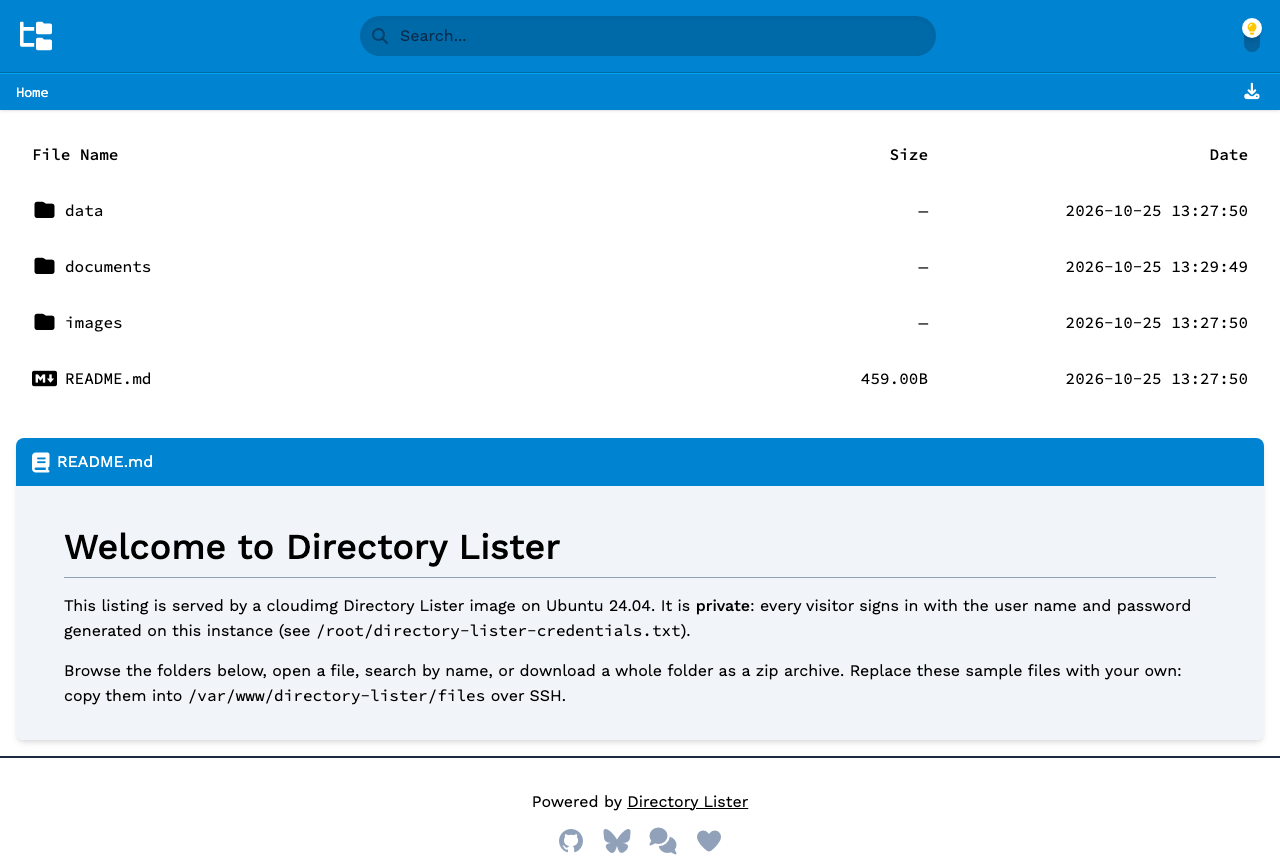 The Directory Lister home page listing the data, documents and images folders and README.md, with the Welcome to Directory Lister README rendered below and the search box and theme switch in the header