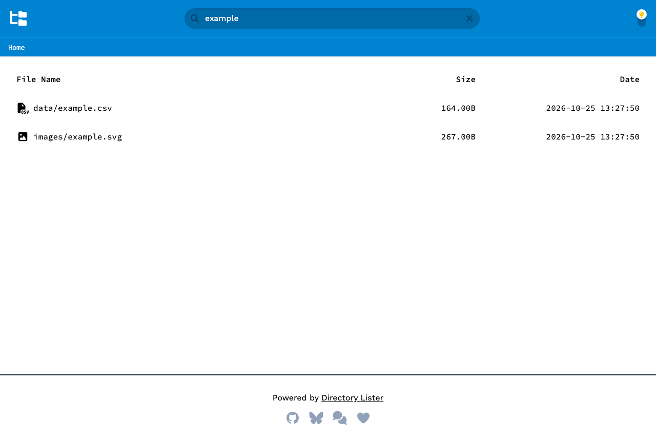 Directory Lister search results for example, listing data/example.csv and images/example.svg