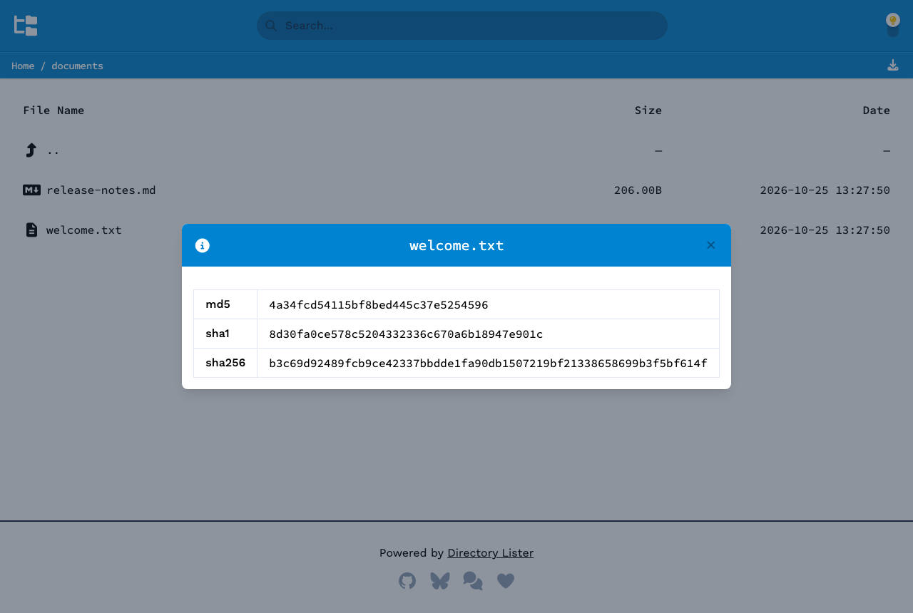 The Directory Lister file information window for welcome.txt showing its md5, sha1 and sha256 hashes