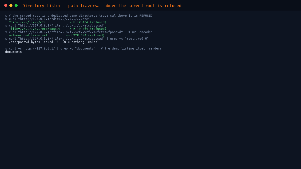 The traversal requests each returning HTTP 404 and zero bytes of /etc/passwd leaked, while the demo listing itself renders
