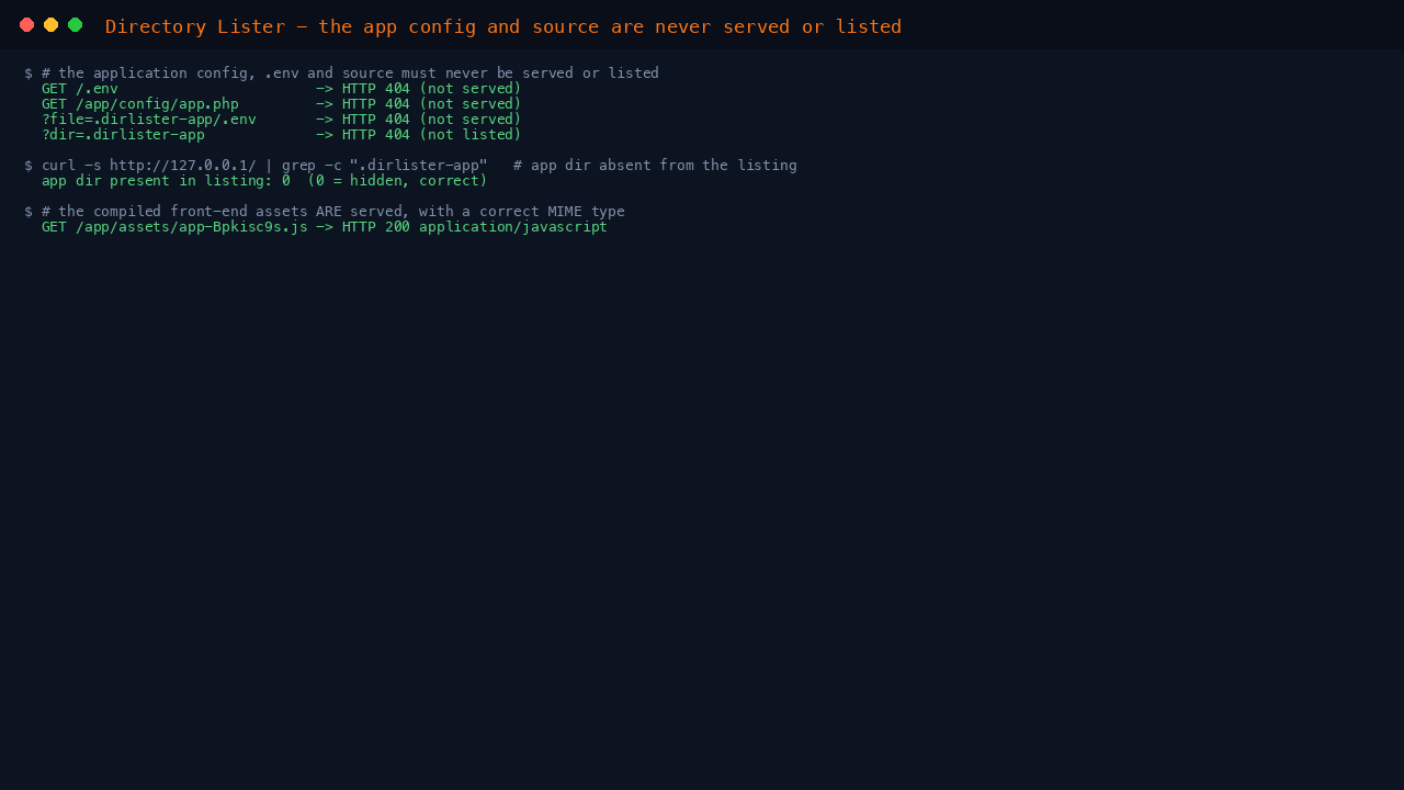 The .env, app config and app source each returning HTTP 404 over the web and the app directory absent from the listing, while the compiled front-end JavaScript is served with a JavaScript MIME type