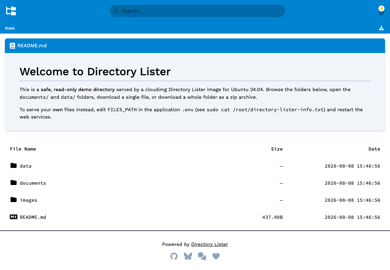 The Directory Lister home page rendering the browsable demo directory listing with the data, documents and images folders and an inline README