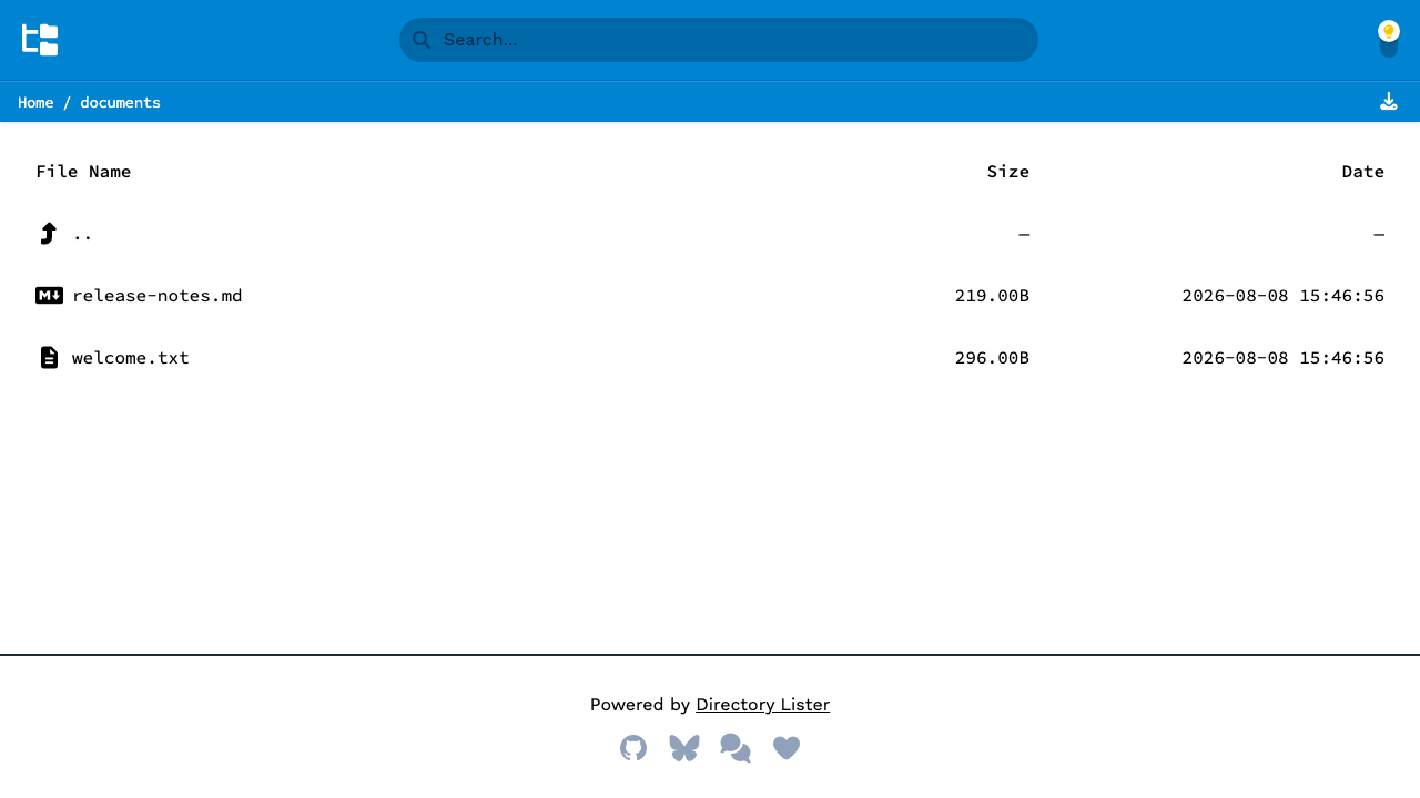 Browsing inside the documents folder, with release-notes.md and welcome.txt shown with their sizes and modified dates and a parent-directory link