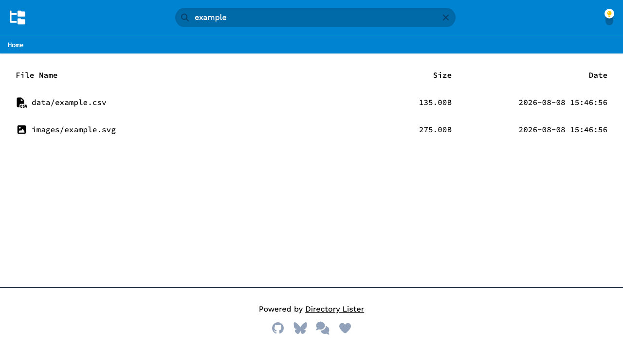 Searching the listing for "example" and seeing data/example.csv and images/example.svg in the results