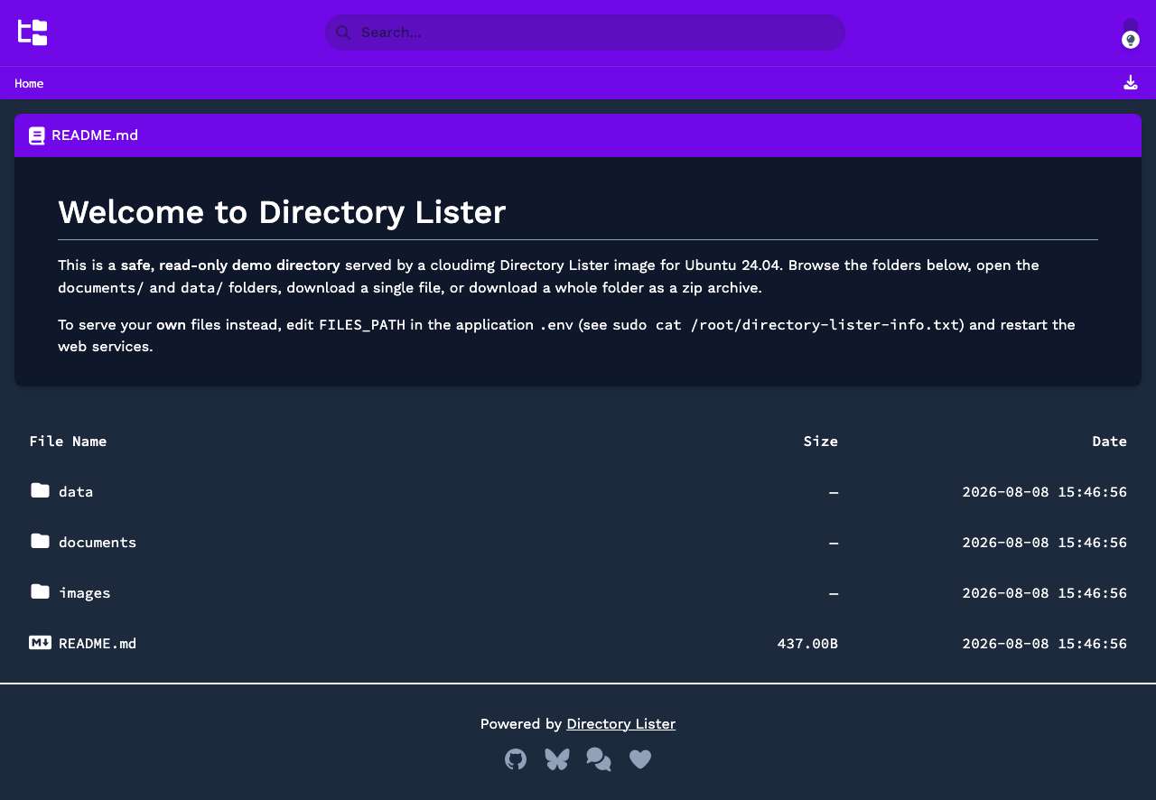 The same browsable directory listing rendered in the built-in dark theme