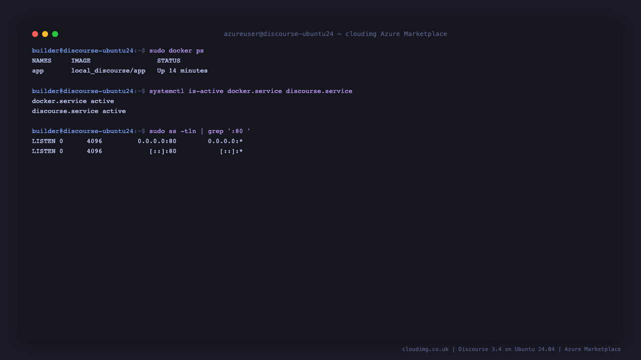 Discourse services, container and port 80 listener on the VM