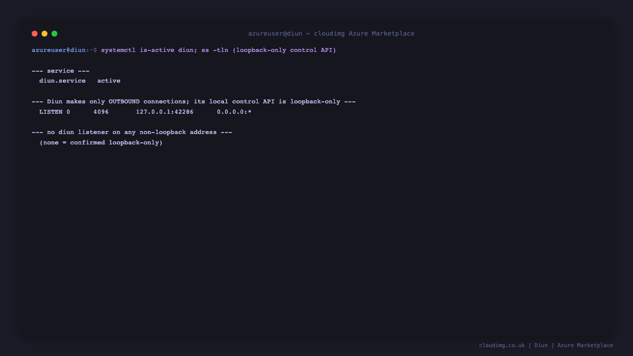 Terminal showing diun.service active and its local control API bound to loopback 127.0.0.1:42286 only, confirmed against every interface