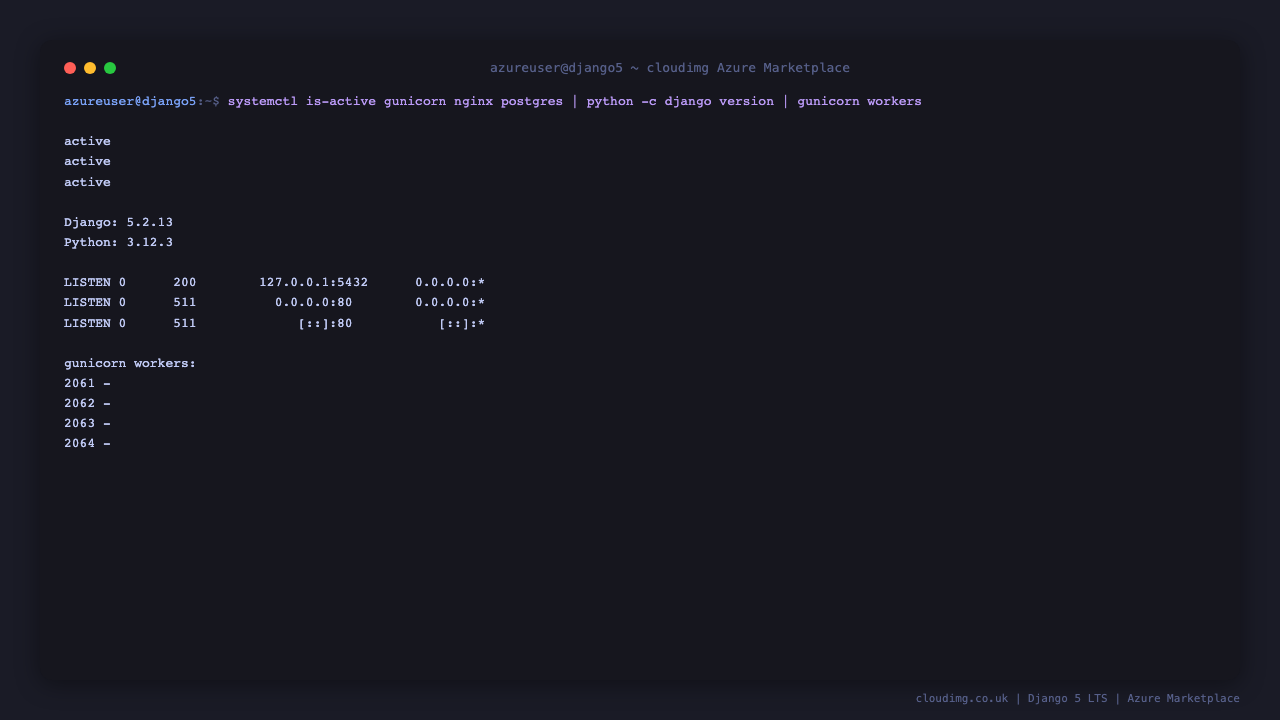 All three services active and Django version 5.2.13 reported