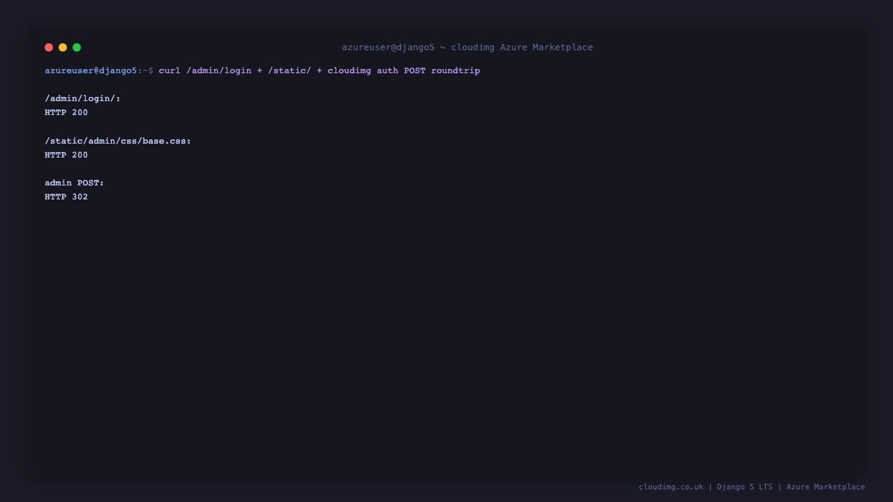 Django admin login page returns 200 and static base.css served by nginx