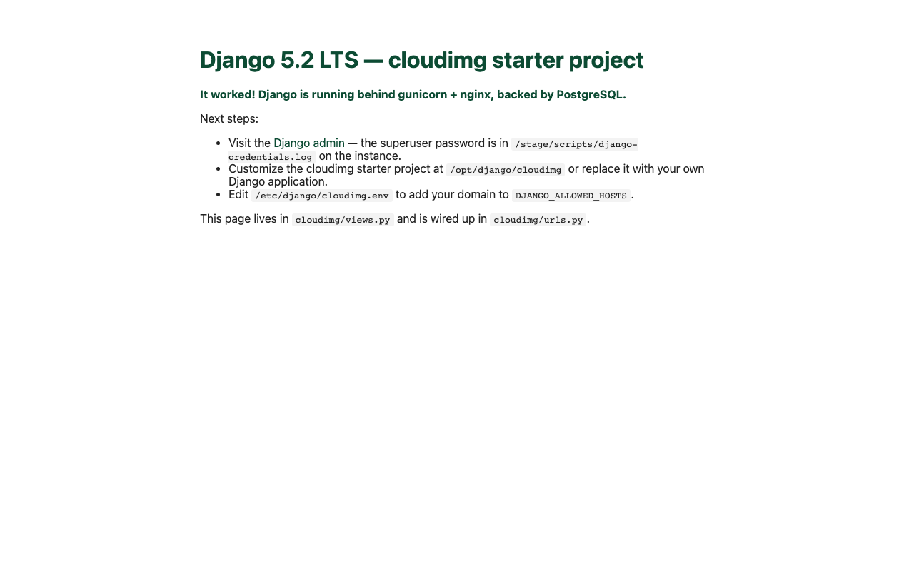 cloudimg starter Django welcome page on AWS