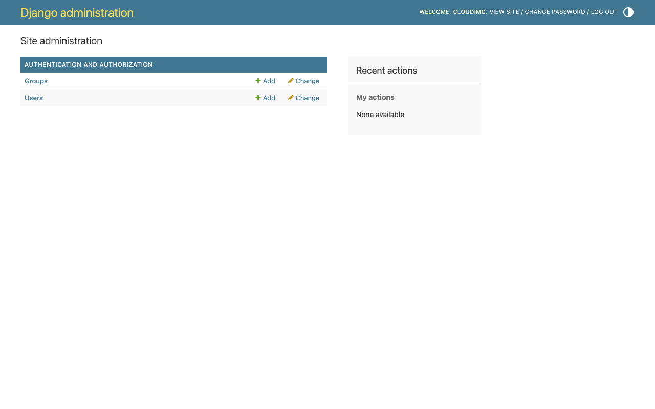 Django admin dashboard with the rotated cloudimg superuser