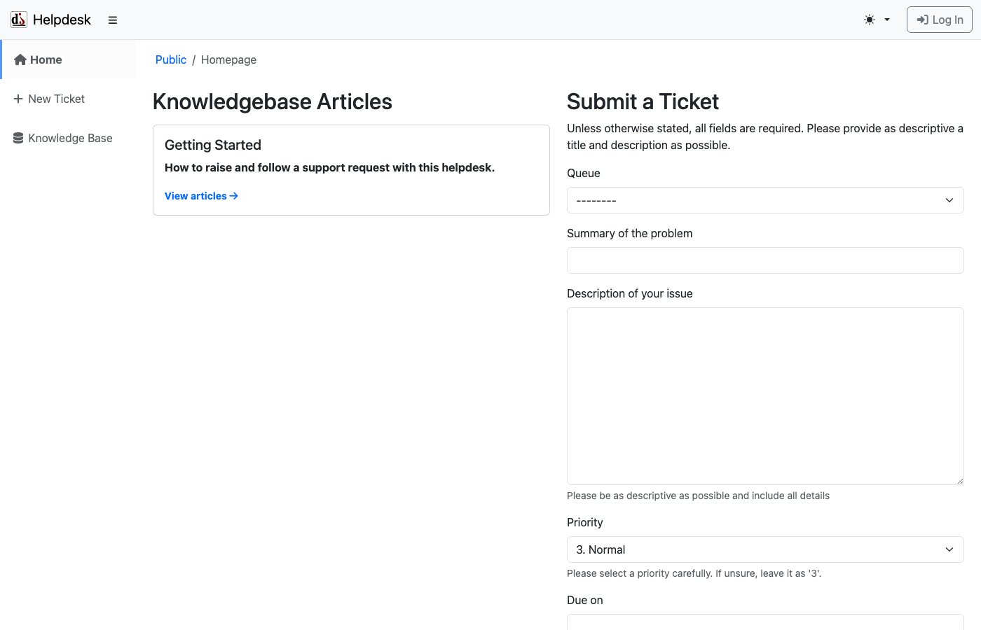 The django-helpdesk public portal over HTTPS with the Submit a Ticket form and the knowledge base categories