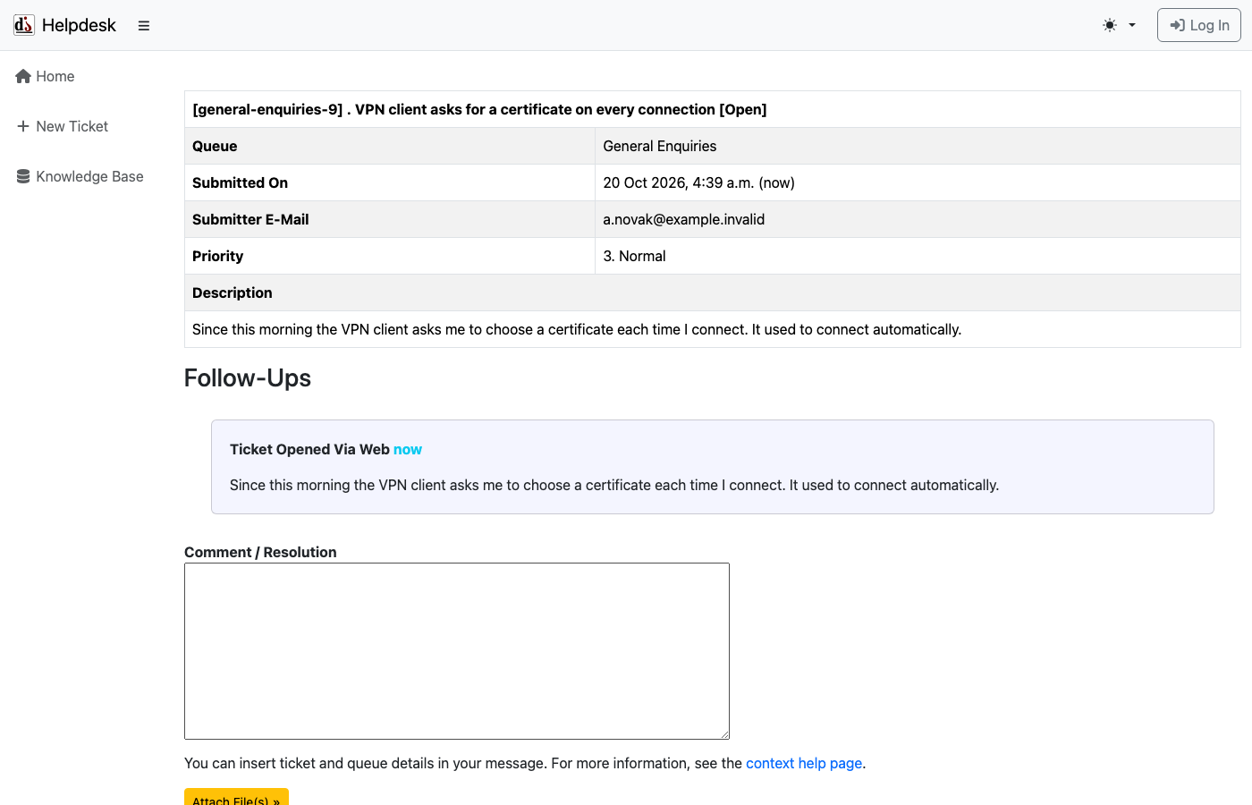 The public ticket page showing the new ticket, its reference, status and description