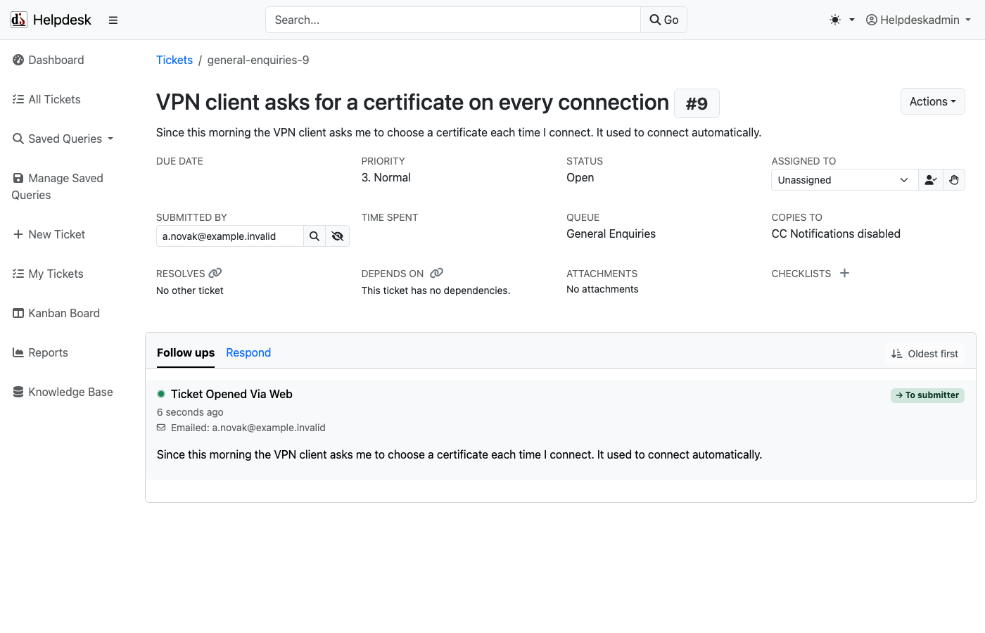 A ticket in the staff interface with its details, follow ups and the respond form