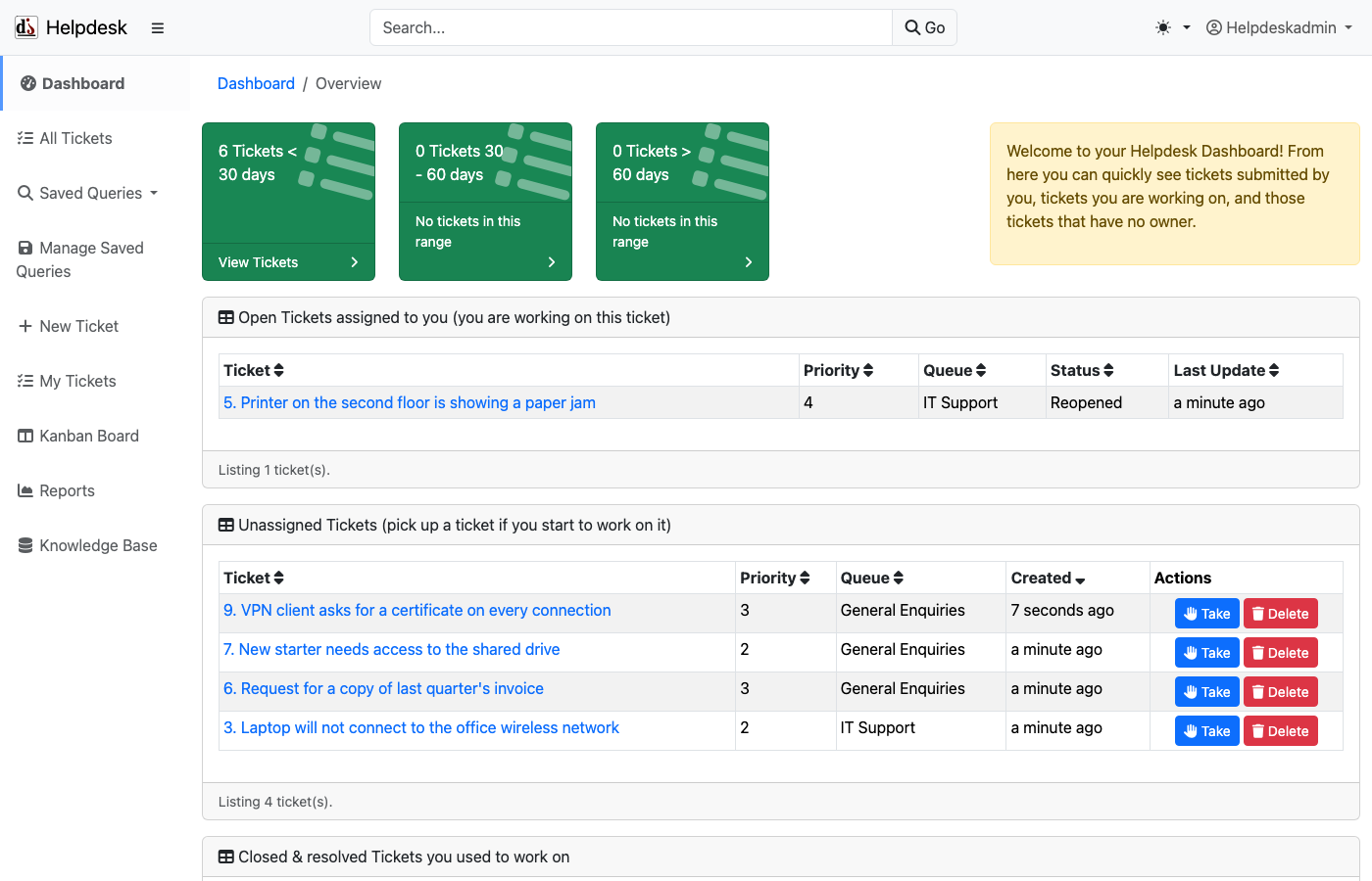 The staff dashboard with ticket counts by age, tickets assigned to the signed in user and unassigned tickets
