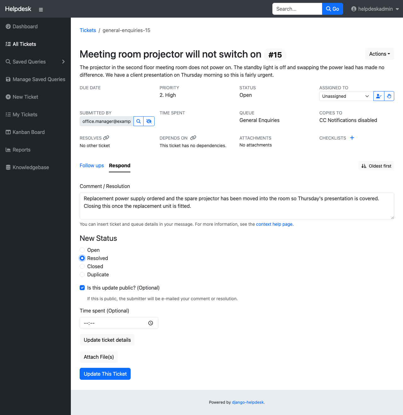 The Respond tab of a ticket with a follow up written and the new status set to Resolved
