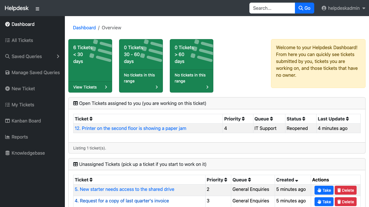 The staff dashboard showing ticket age bands, tickets assigned to the signed in user and unassigned tickets waiting to be picked up