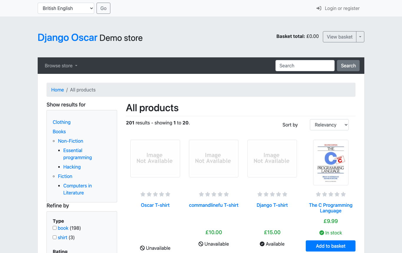 The Django Oscar demo store catalogue with the category tree, the search box, the basket and the first sample products