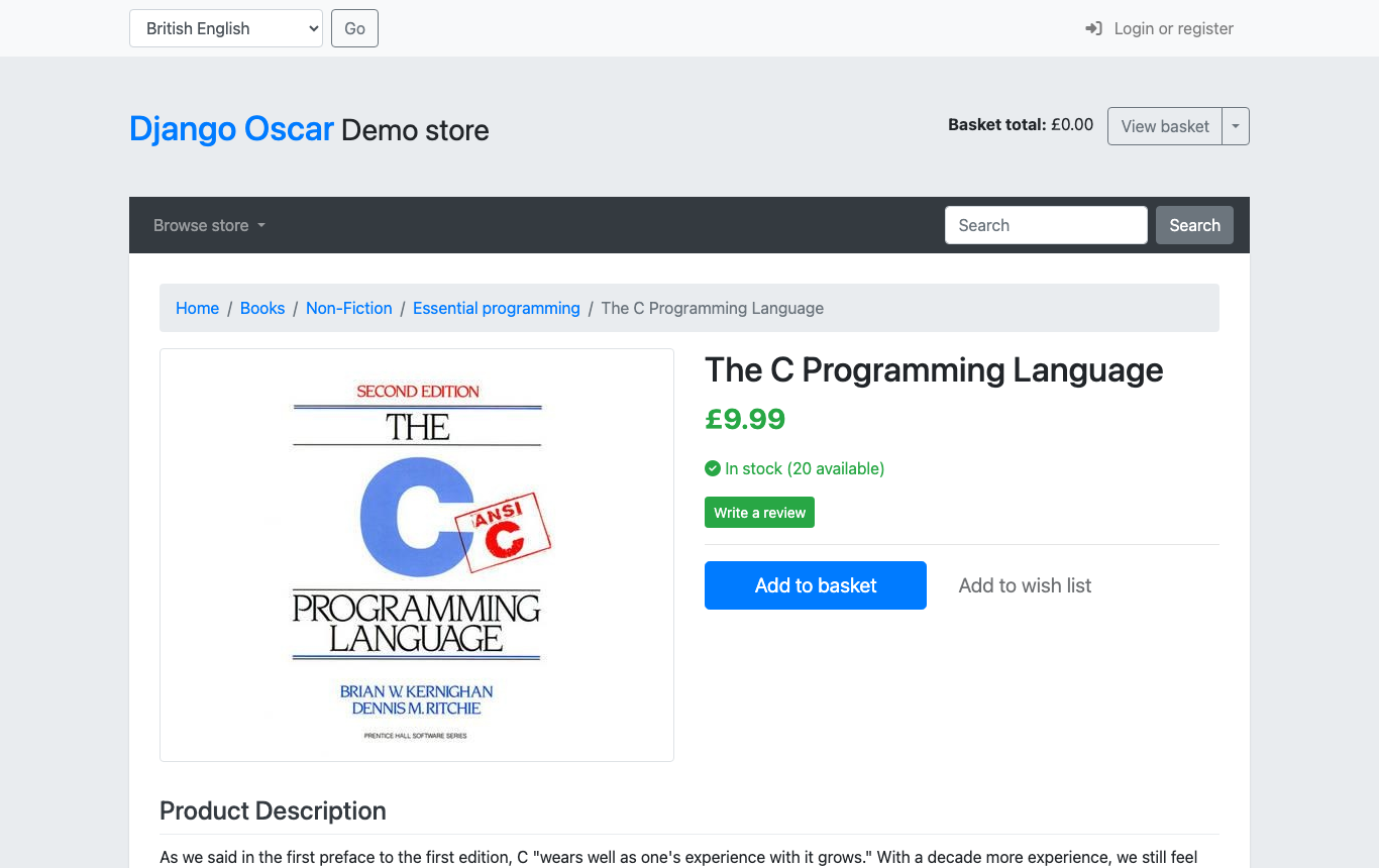 A sample book's product page with its cover, price, In stock, Add to basket and Add to wish list