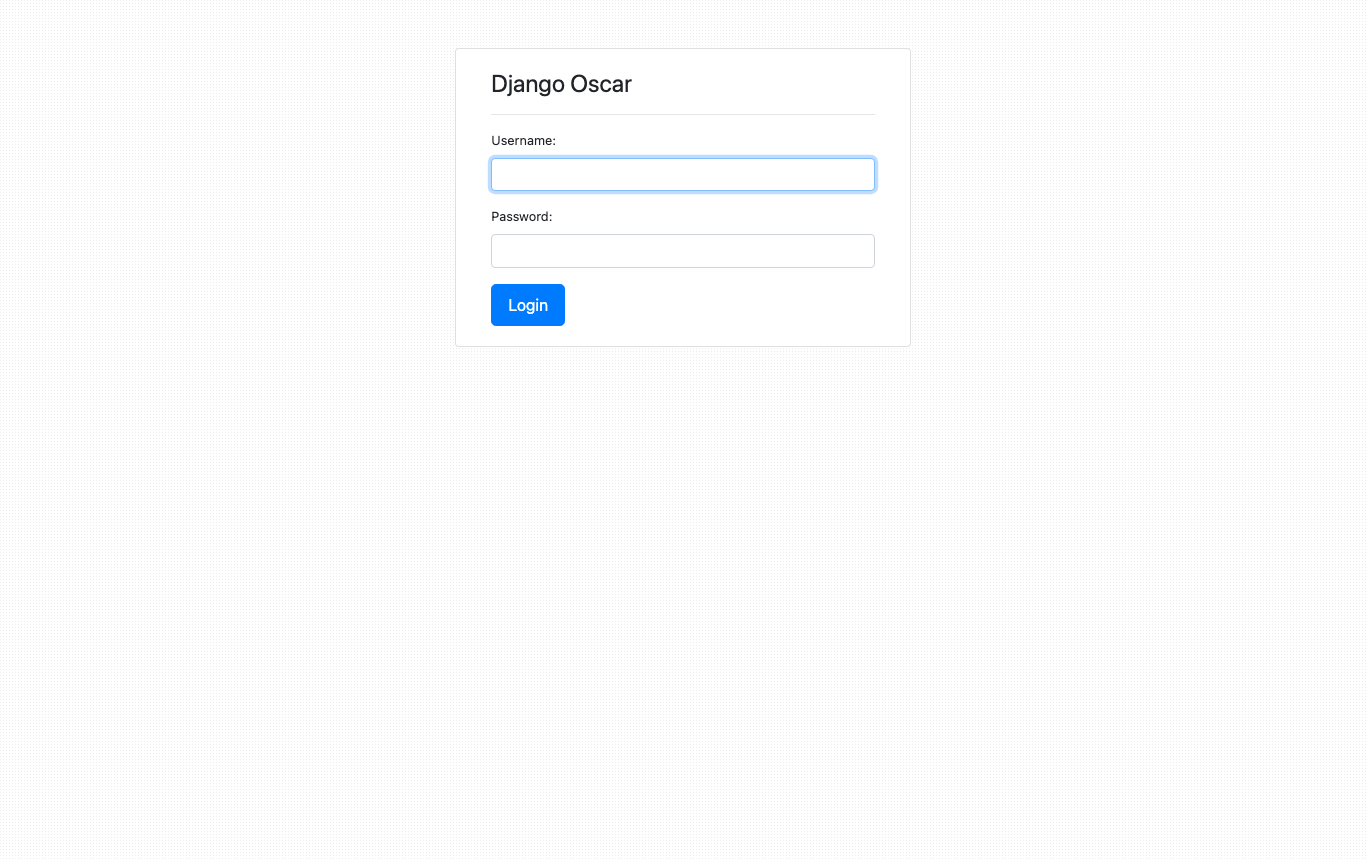 The Django Oscar dashboard sign in page with the Username and Password fields