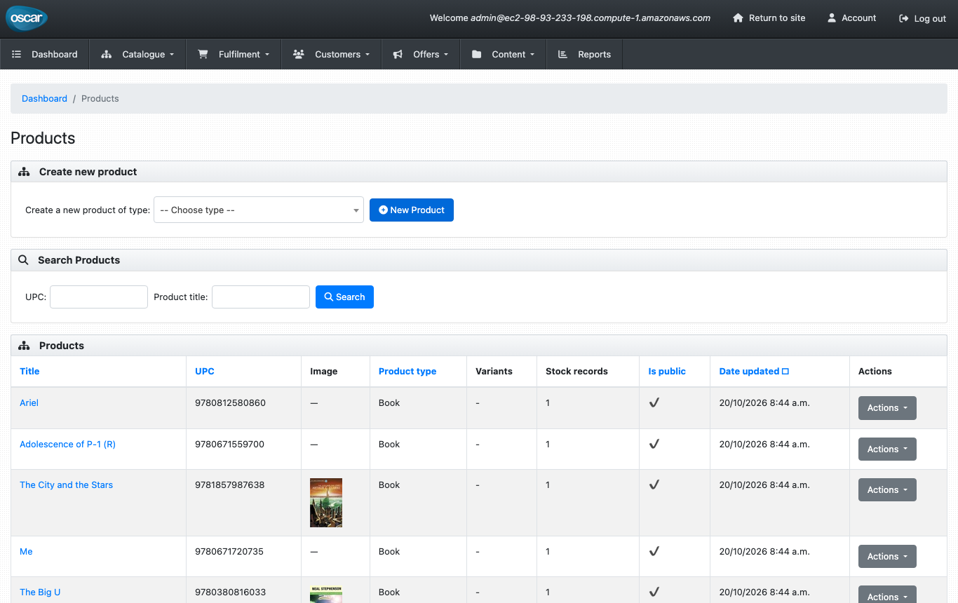 The dashboard Products page with Create new product, the product search and the product list with types, stock records and public flags