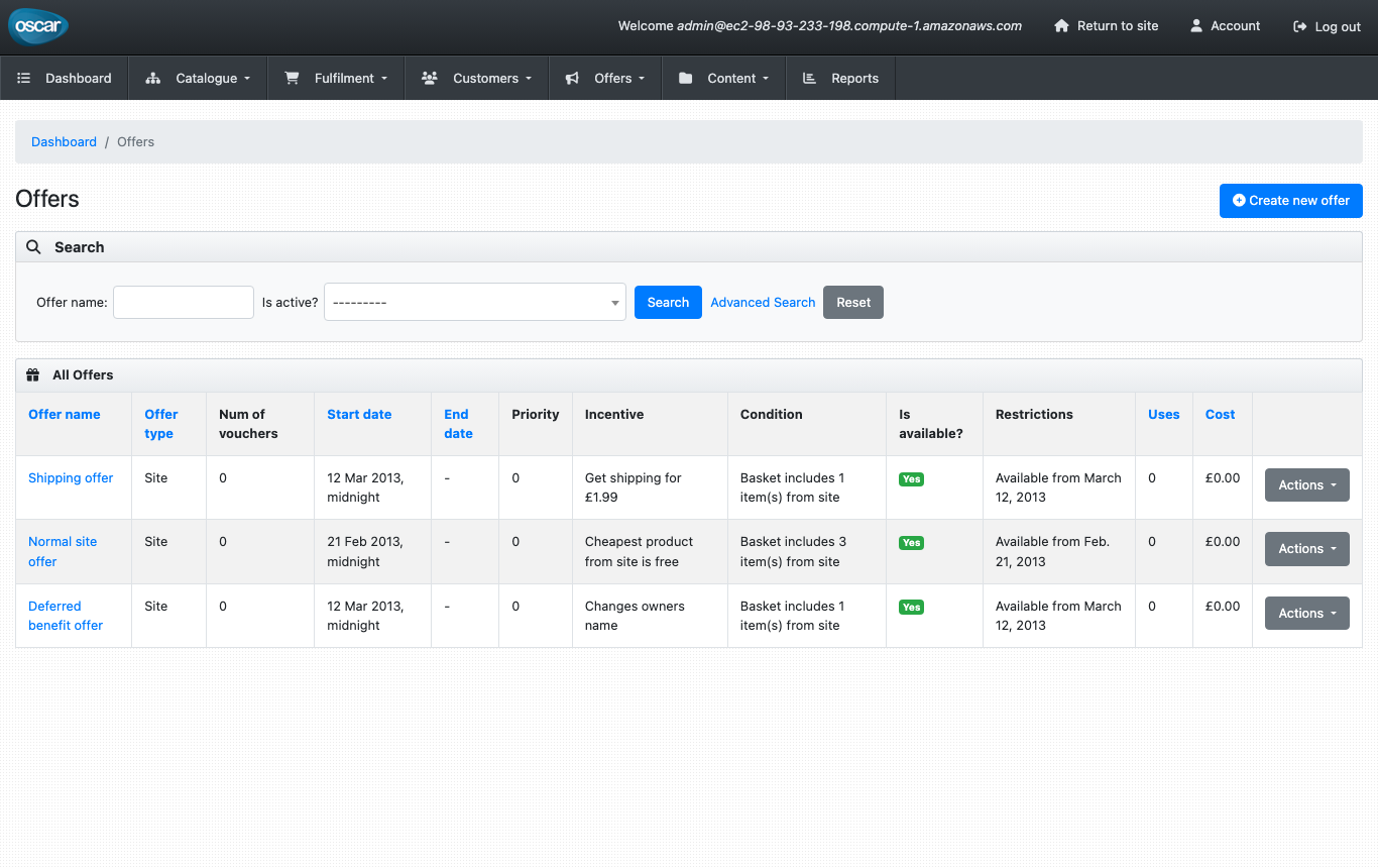 The dashboard Offers page with the three sample site offers and Create new offer