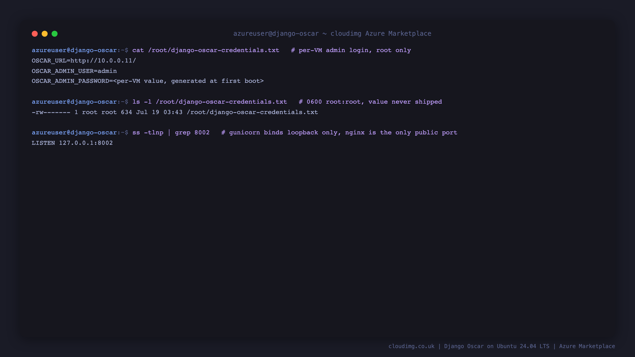 The per VM credentials file with the generated admin username, URL and a masked password, its 0600 root only permissions, and gunicorn bound to loopback