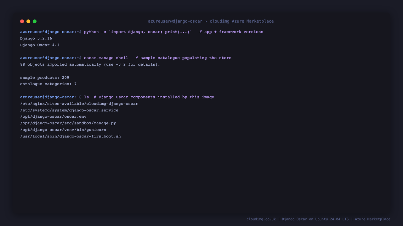 The Django and Django Oscar versions, the sample catalogue product and category counts, and the Django Oscar components installed by this image