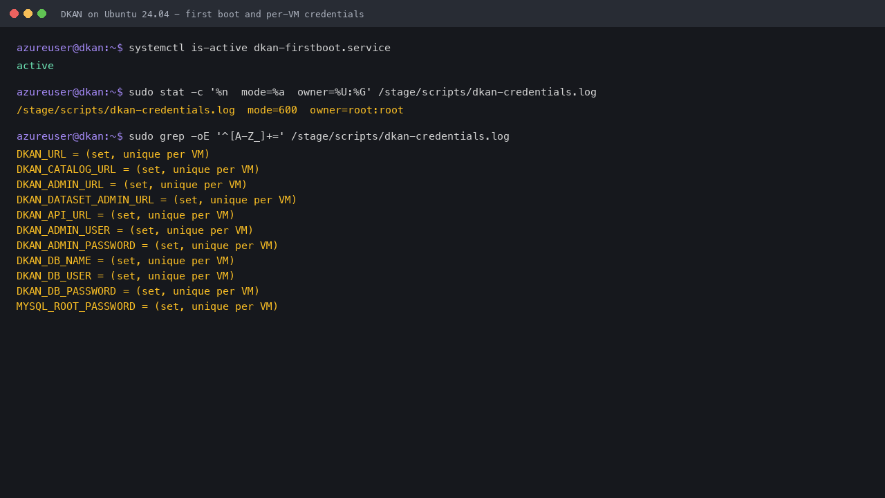 First boot status and the root only per VM credentials file, keys only