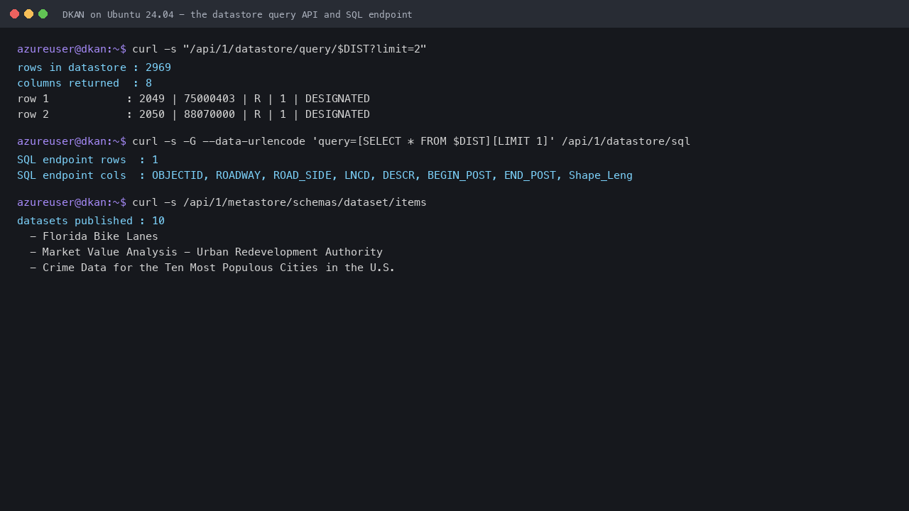 The datastore REST query API and SQL endpoint returning real rows and column names