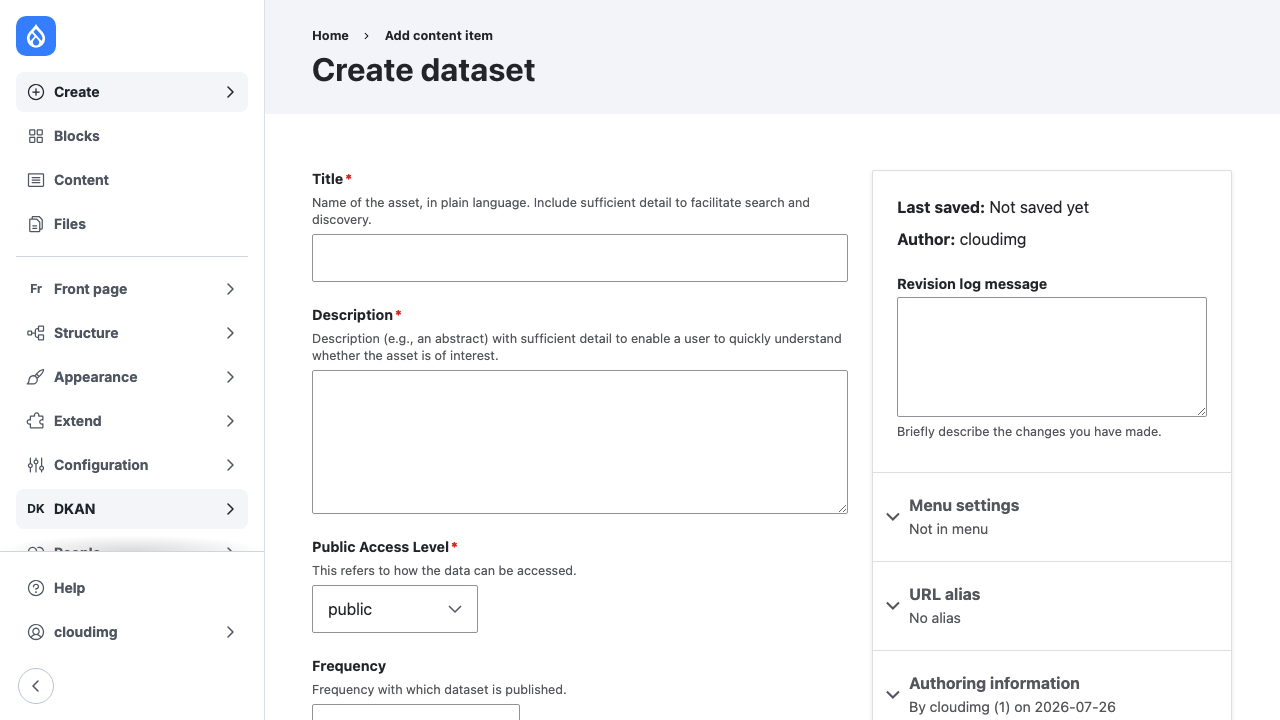 The schema driven Create dataset form showing the DCAT metadata fields