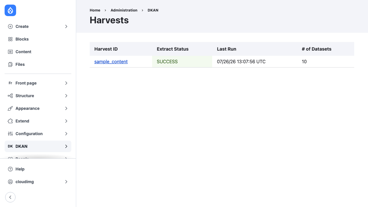 The DKAN harvests dashboard showing the sample content plan with a successful extract and its dataset count