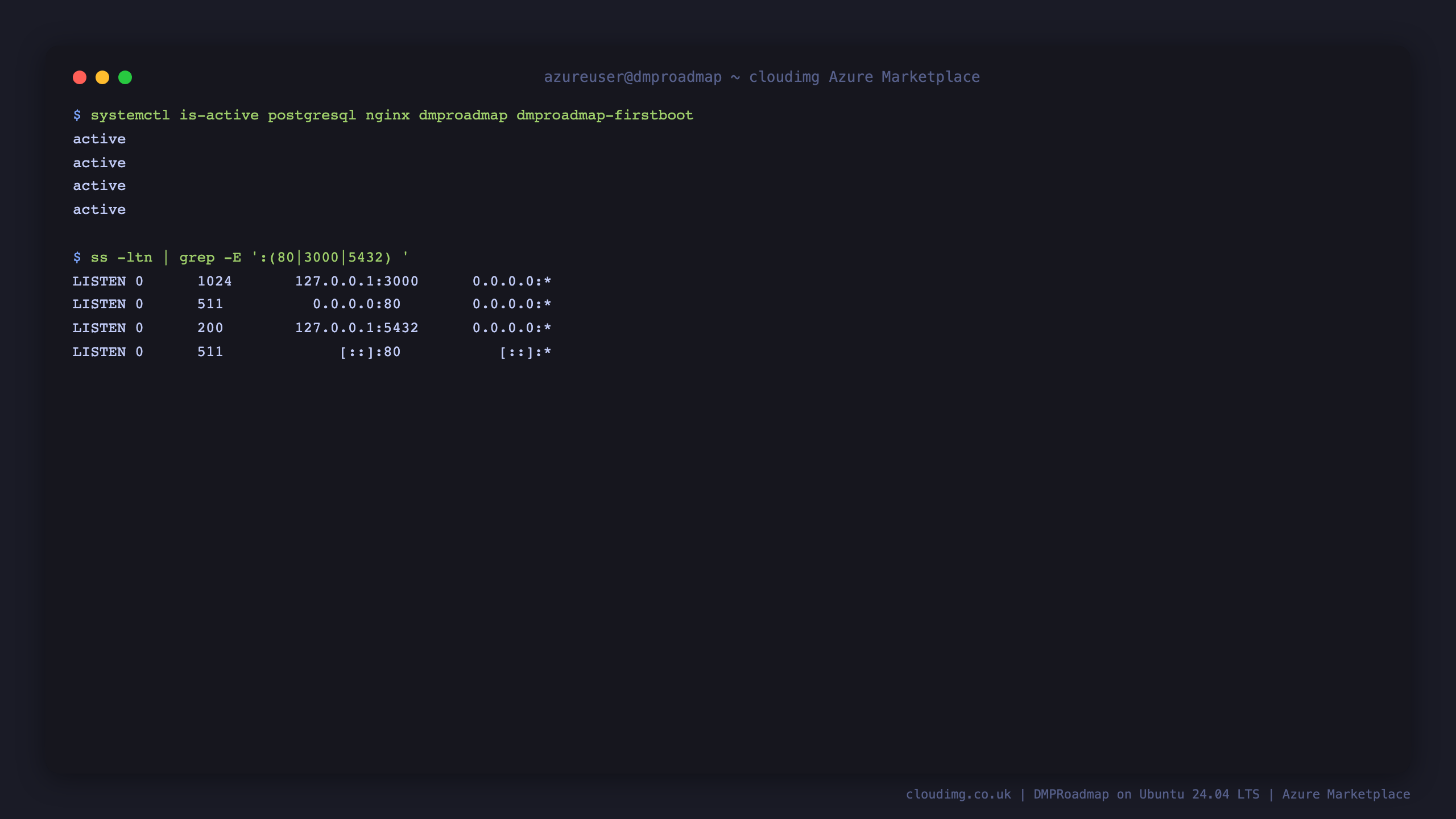 The postgresql, nginx, dmproadmap and dmproadmap firstboot services all reporting active, and ss showing nginx listening on port 80 while puma and PostgreSQL are bound to the loopback interface only