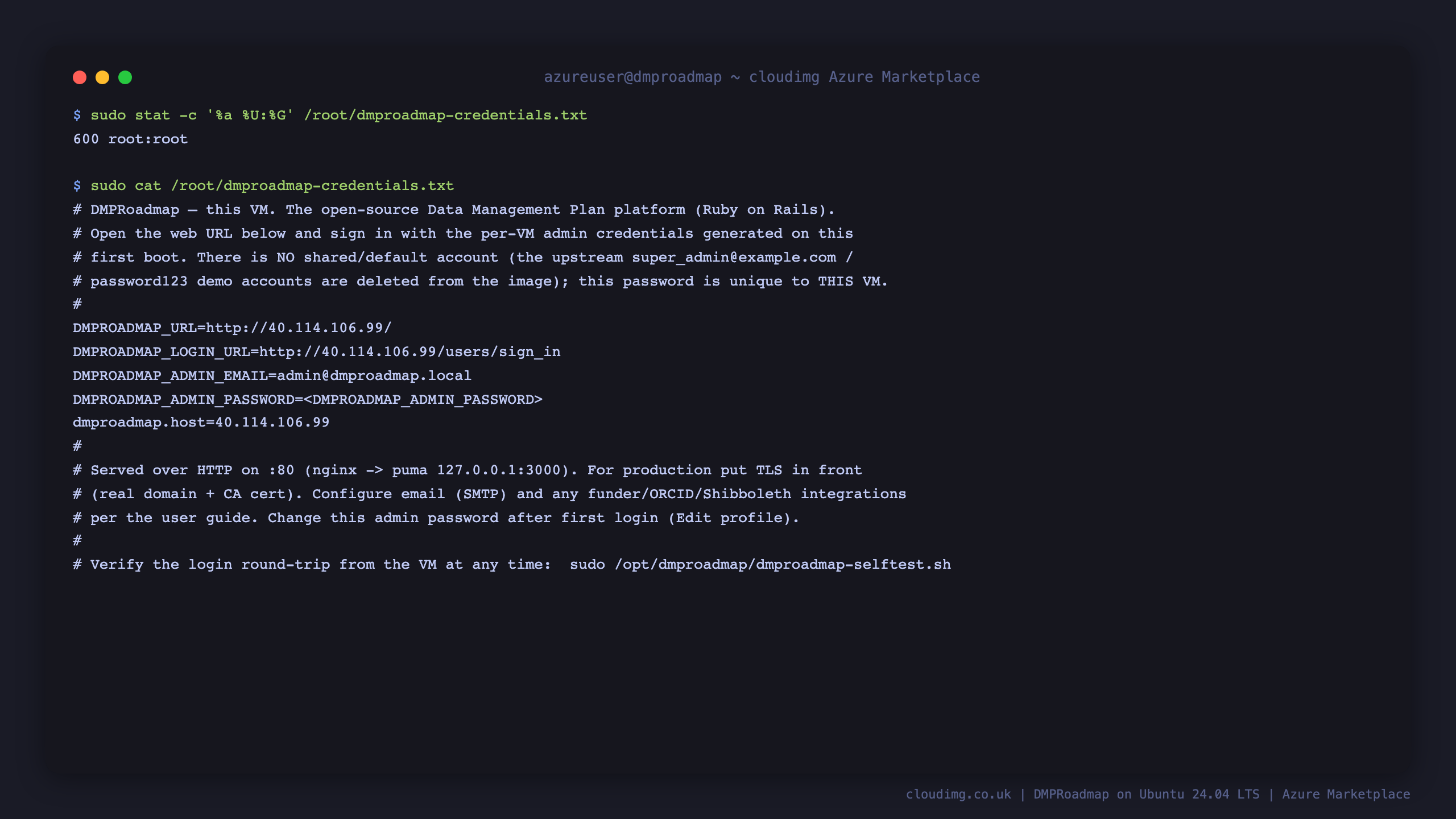 The dmproadmap credentials file at mode 0600 root root showing the per VM DMPROADMAP_URL, the admin email and the admin password value, generated uniquely on first boot