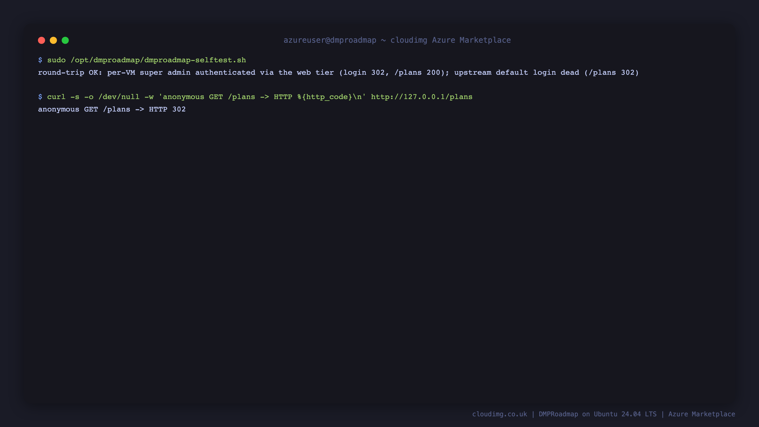The bundled self test reporting round-trip OK, the per instance super admin authenticated through the web tier while the upstream default login is dead, and an anonymous request to the plans page redirected with HTTP 302