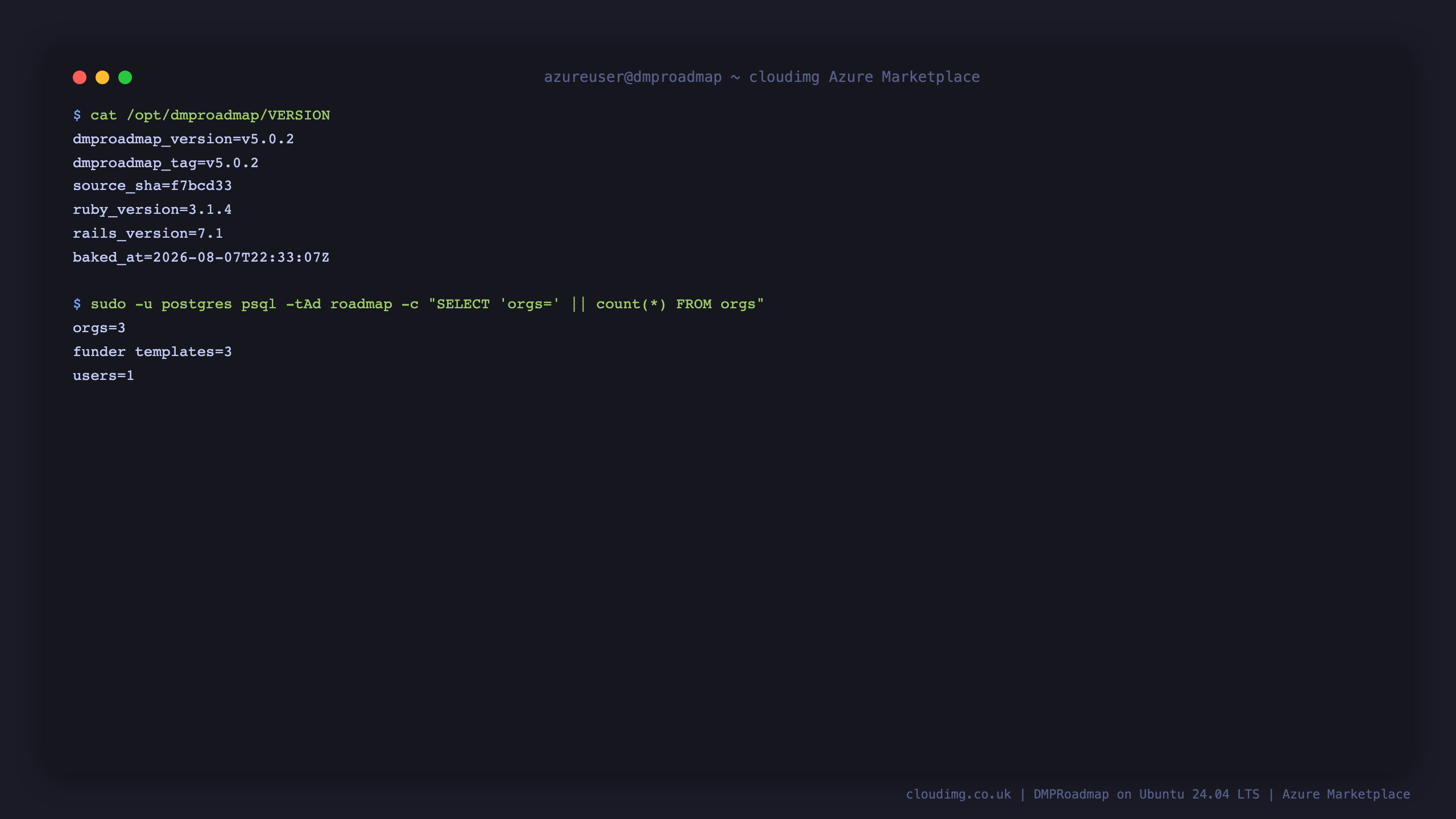 The dmproadmap VERSION file showing the pinned DMPRoadmap tag, source commit, Ruby 3.1.4 and Rails version, alongside the preloaded organisation, funder template and user counts from the database