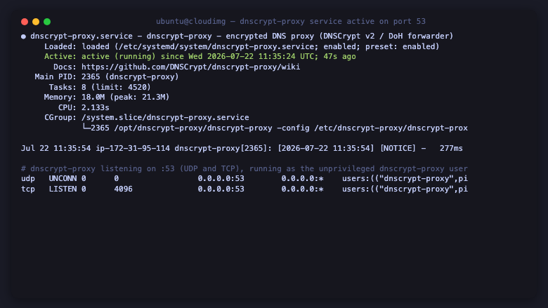 dnscrypt-proxy service active on port 53