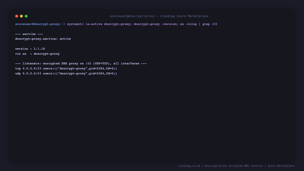dnscrypt-proxy.service reports active, the dnscrypt-proxy binary reports version 2.1.18 and runs as the unprivileged dnscrypt-proxy user, and ss shows the server listening on 0.0.0.0 port 53 for DNS over both TCP and UDP on all interfaces