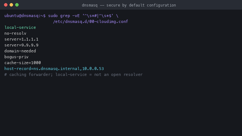 the active lines of the shipped dnsmasq configuration showing local-service set, no-resolv with explicit upstream servers 1.1.1.1 and 9.9.9.9, domain-needed and bogus-priv forwarding hygiene, a cache size, and the demonstration host record ns.dnsmasq.internal pointing at 10.0.0.53